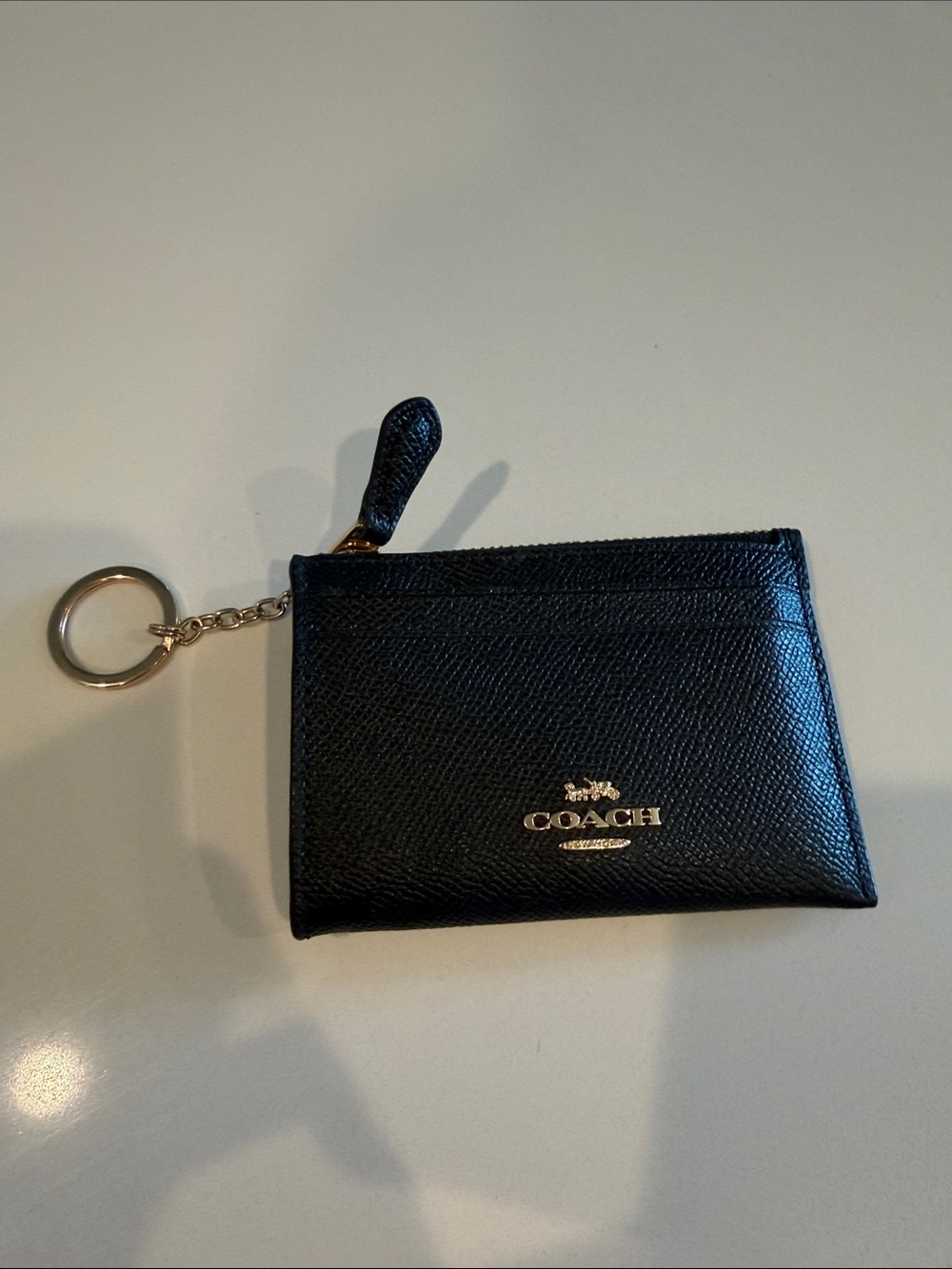 Coach Black Leather Zip Card Holder with Gold Key Ring